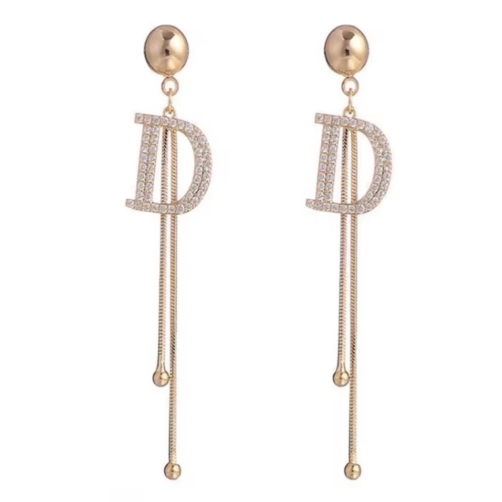 Classic D unique shape Gold and diamond Initial Earrings